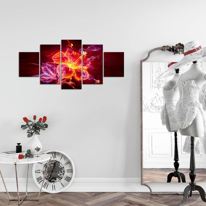 Runa Art Wandbilder Feuer Blume 5 Teilig Bild auf Vlies Leinwand Deko Wohnzimmer Abstrakt Orange Lil