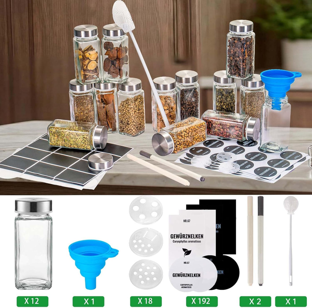 12er 120ml Gewürzgläser Eckig, Gewürzgläser Set, Gewürzdosen Mit Edelstahl Deckel Gewürzbehälter Mit