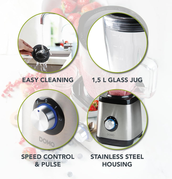 DOMO DO1133BL Standmixer Edelstahl - Geeignet zum Mixen, Blenden, Zerkleinern und Eis crushen - Puls