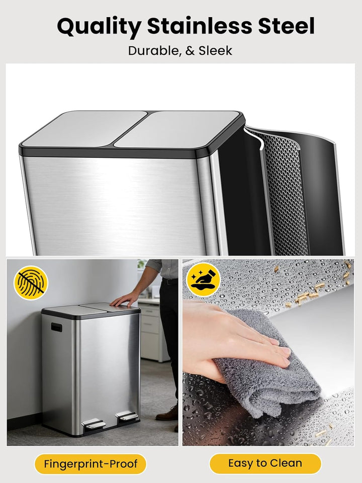 YEAUPE PRO Mülleimer Küche 2x30L Edelstahl, 60L Doppel Treteimer Mülltrennung, Abfalleimer mit Soft