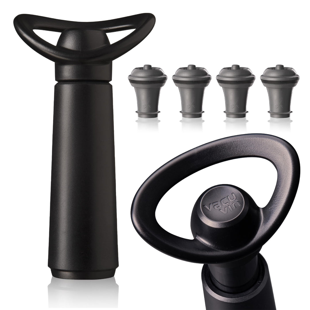 Vacu Vin Weinpumpe Concerto - Schwarz - 1 Pumpe 4 Stopper - Vakuumpumpe mit Weinflaschenverschluss -