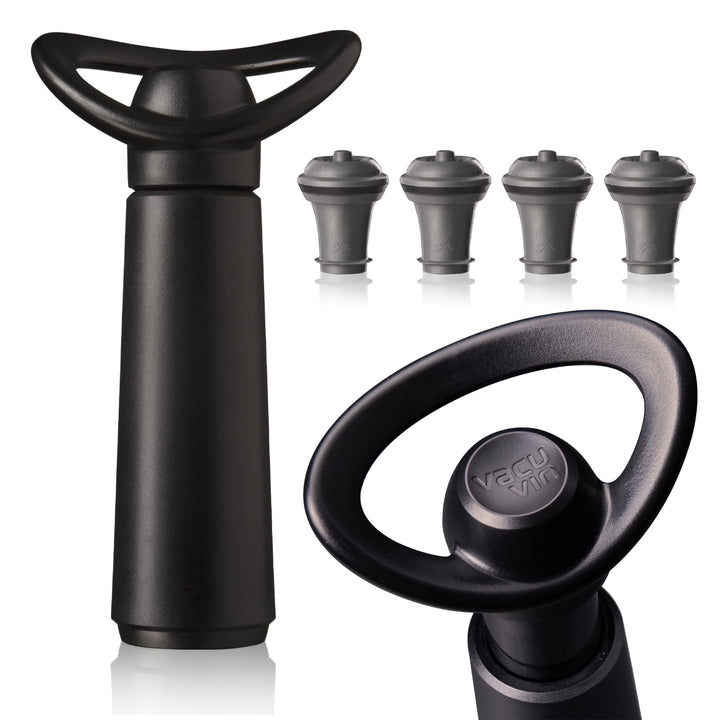 Vacu Vin Weinpumpe Concerto - Schwarz - 1 Pumpe 4 Stopper - Vakuumpumpe mit Weinflaschenverschluss -