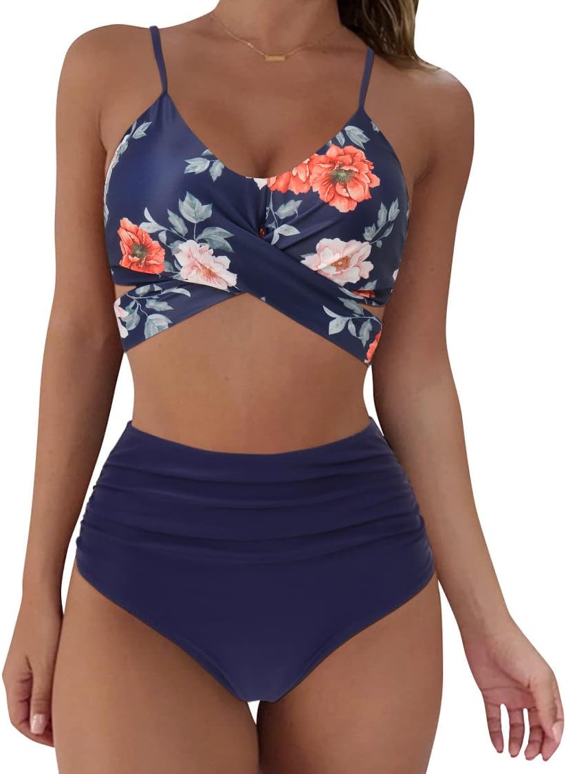 RXRXCOCO Damen Wickel Push Up Bikini Oberteil mit Bauchweg High Waist Bikini Set Bademode M Blume Bl