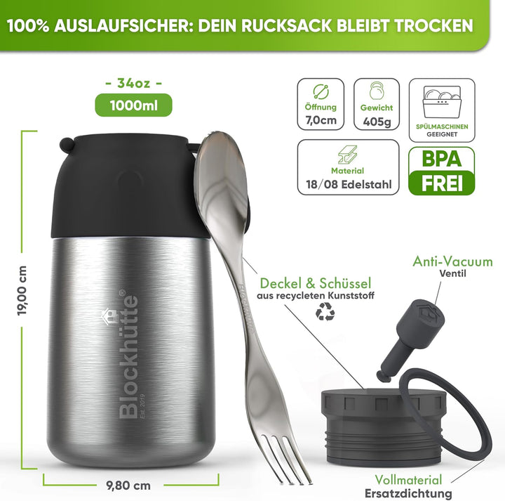 Blockhütte Edelstahl Thermobehälter I 1L l Essen warmhalten Behälter, auslaufsicher I Thermos Essens
