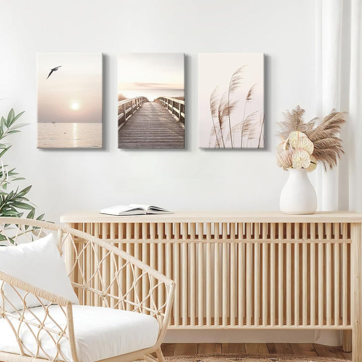 3 Teilig Strand Sonnenuntergang Bilder Set, Aesthetic Natur Landschaft Wandbilder mit Rahmen, Modern