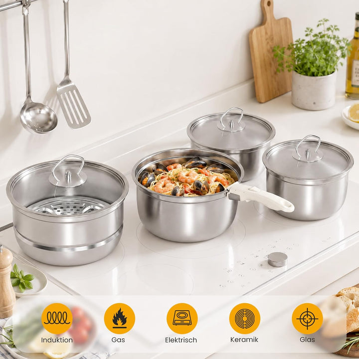 Edelstahl Töpfe Set mit Abnehmbaren Griff, 9 pcs antihaftbeschichtete Induktionskochtöpfe mit Deckel