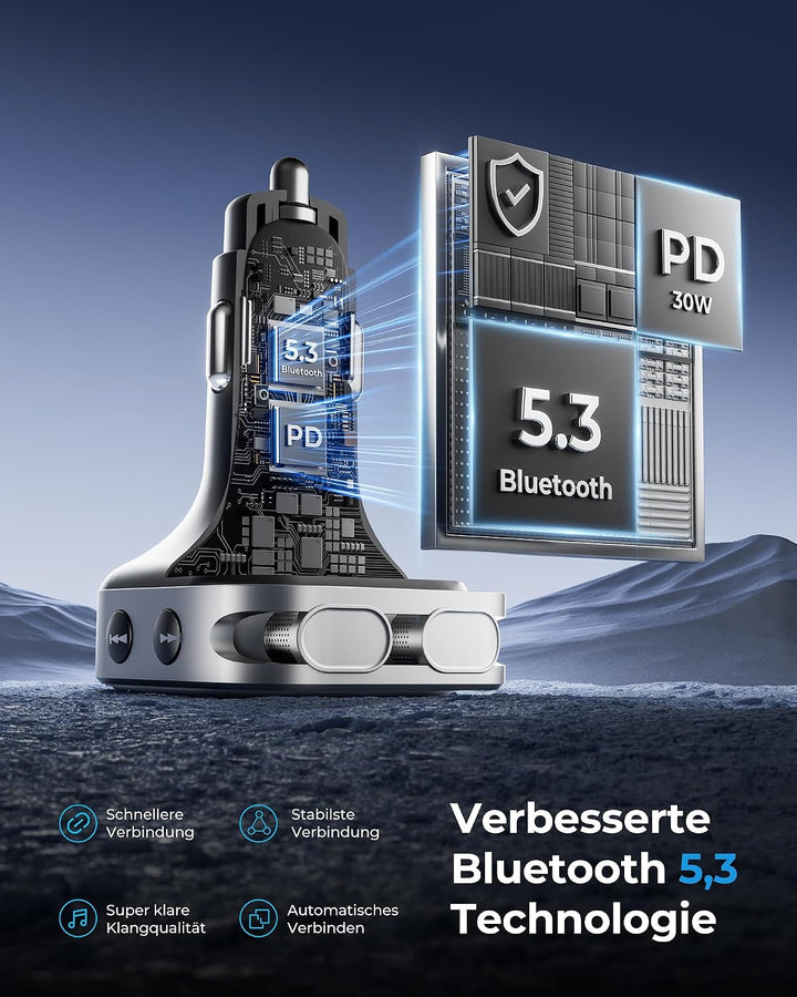 LENCENT Bluetooth FM Transmitter, Bluetooth 5,3, PD 30W &amp; QC3.0 Schnellladegerät, Hi-Fi Musik klares