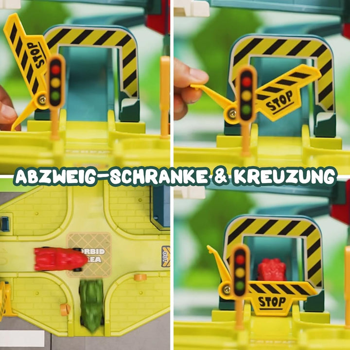 Dinosaurier Spielzeug Rennstrecken Spielset mit 7 Ebenen 8 Autos, Autorennbahn Parkhaus Garage City