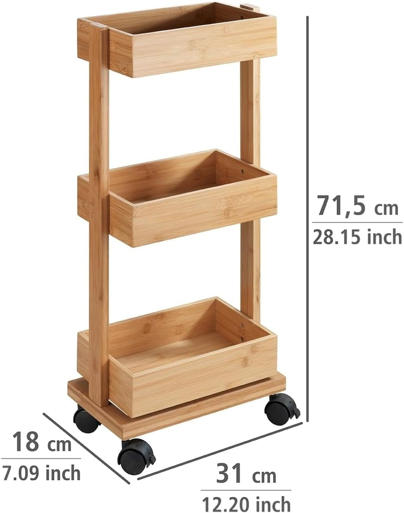 WENKO Regal Tortona, Rollregal mit 3 Ablagen, Badschrank aus Bambus, Badwagen, Rollwagen für das Bad