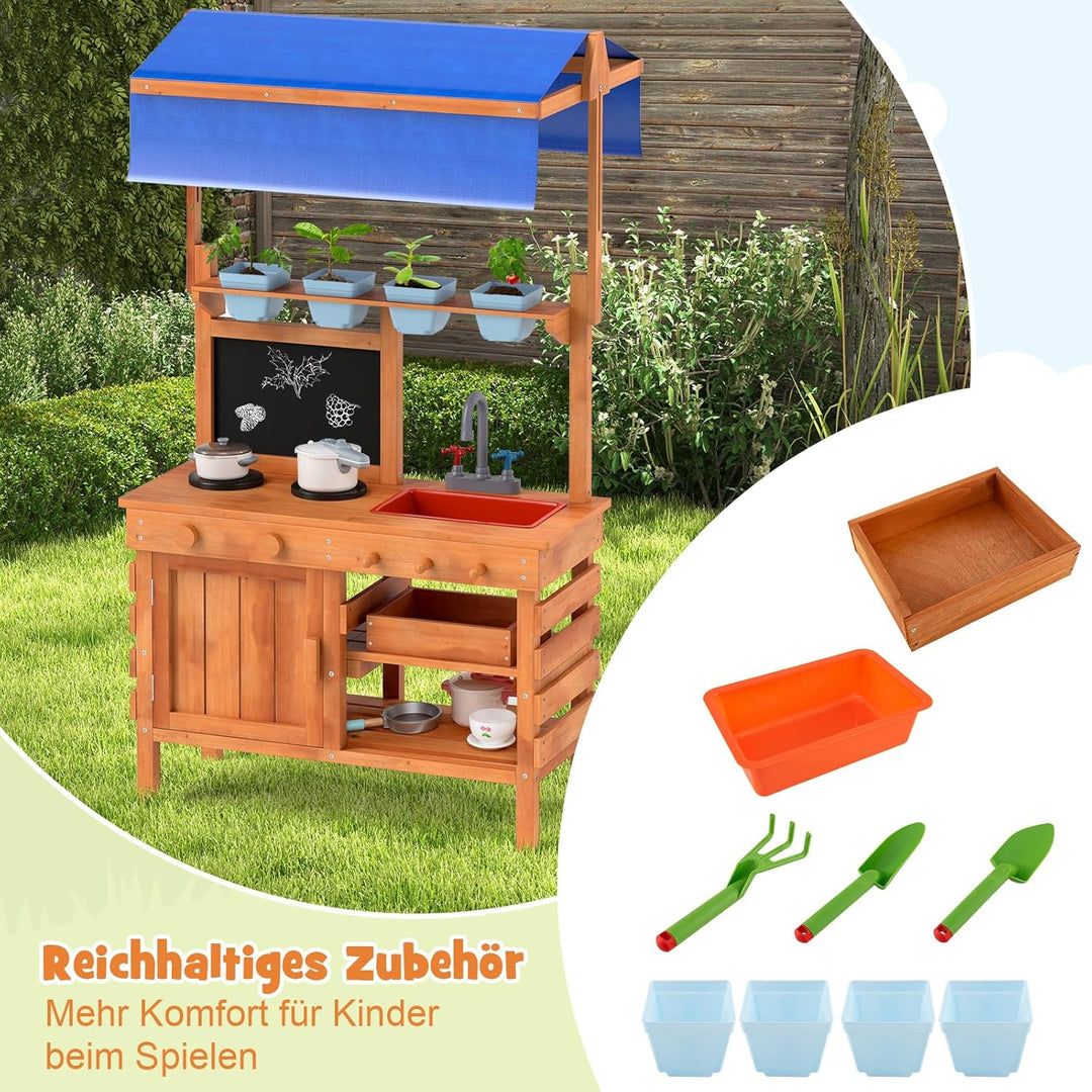 COSTWAY Matschküche Kinder Outdoor, Kinderküche Holz mit Sonnendach & Tafel & Pflanzbechern & Schauf