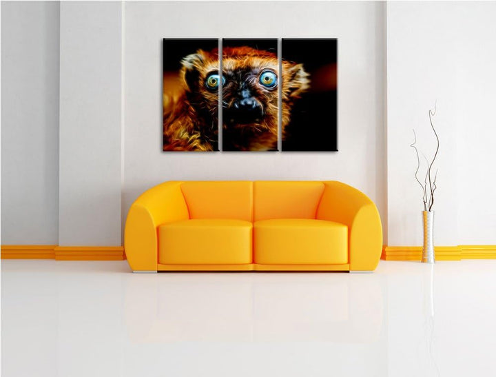 Dark seltener Blauaugenmaki NewArt 3-Teiler Leinwandbild 120x80 Bild auf Leinwand, XXL riesige Bilde