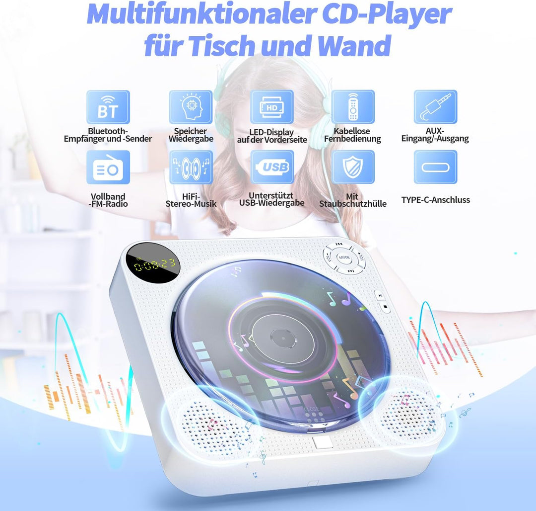 DESOBRY Tragbarer CD Player mit Bluetooth, Kleiner CD-Player für die Wandmontage mit Lautsprechern,