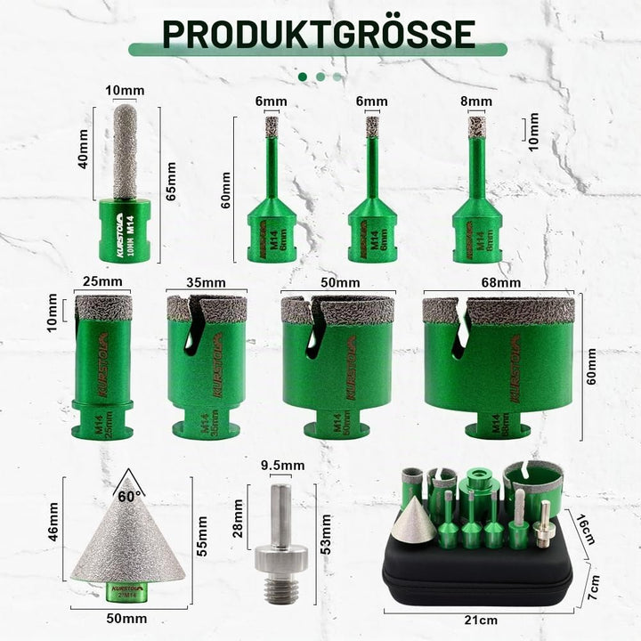 Diamant-Bohrkrone Kit - Diamantbohrer 6/6/8/25/35/50/68mm+50mm Fasen Bit+10mm Fingerfräser+Dreikant-