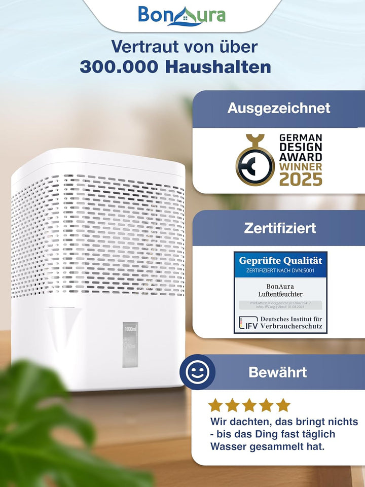 BonAura® AirOne Luftentfeuchter ohne Strom bis 23m² I 360° Belüftung I Raumentfeuchter mit Ausgiesse