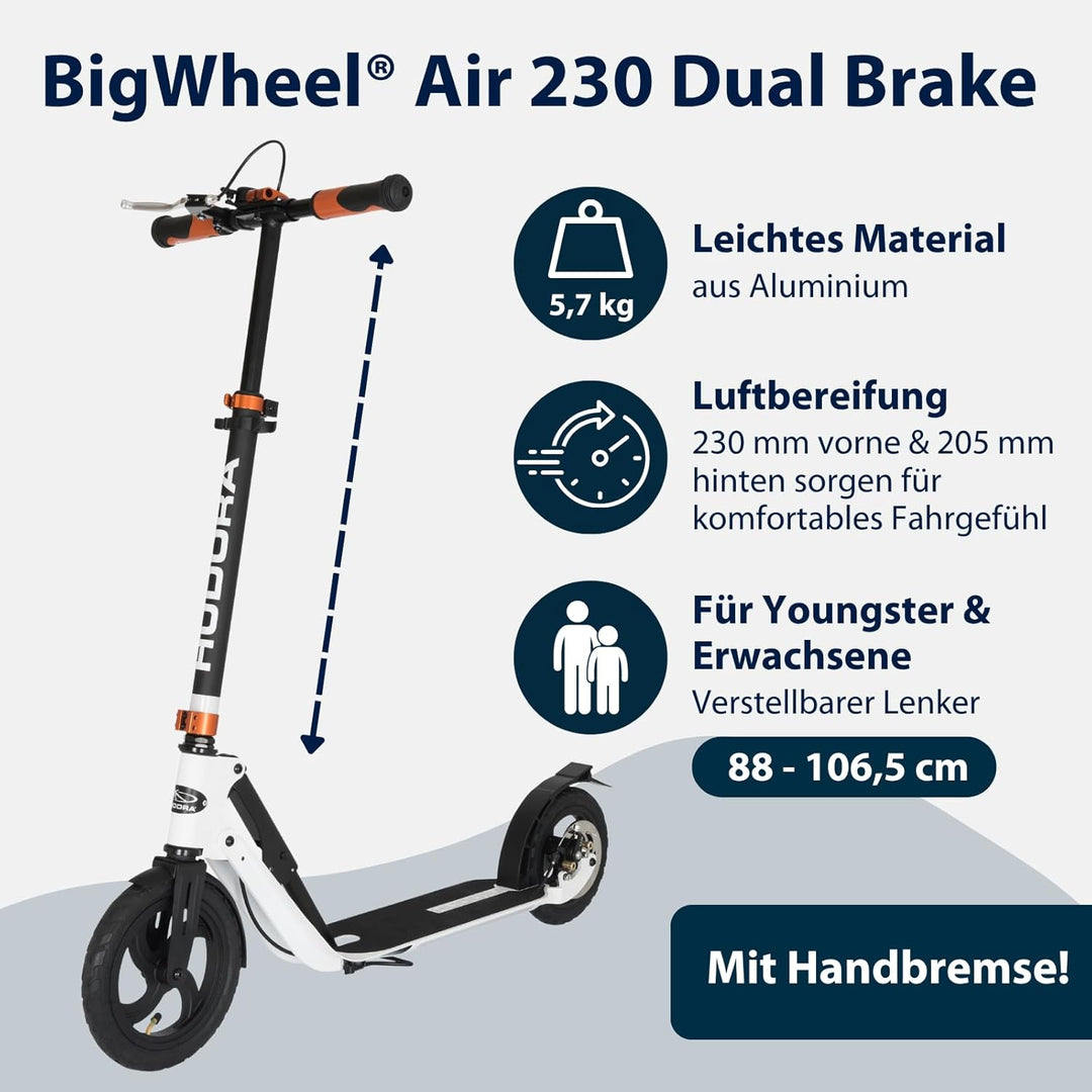 HUDORA BigWheel Air 230 Scooter - Tretroller mit/ohne Handbremse - Stabiler Aluminium-Roller mit Luf