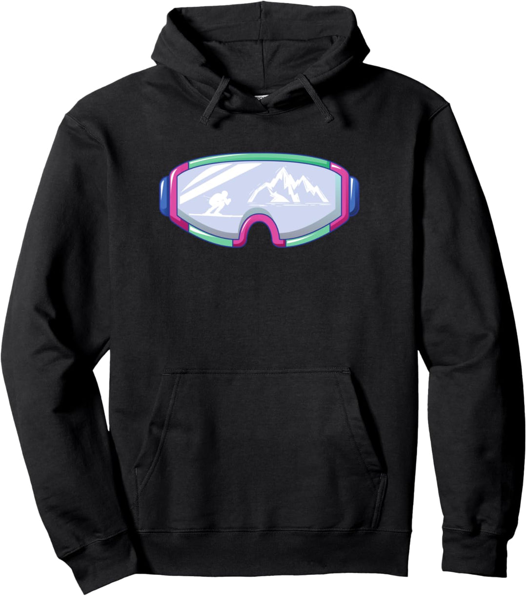 Skibrille mit Bergen und Skifahrern Pullover Hoodie