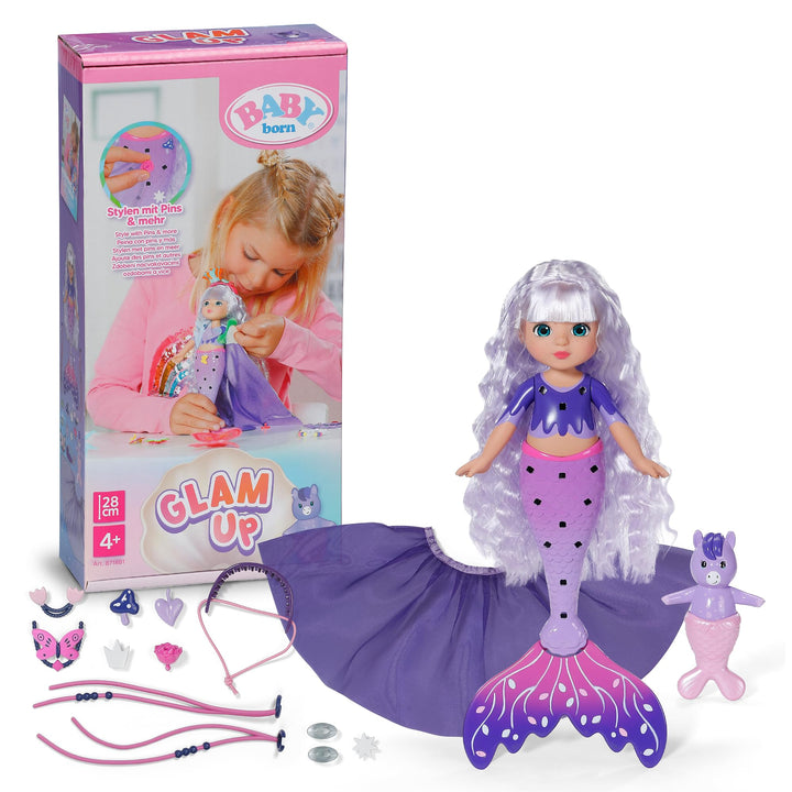 Baby Born Glam Up Aura, Meerjungfrau mit Langen blauen Haaren mit UV-Farbeffekt, zum Stylen mit Stof