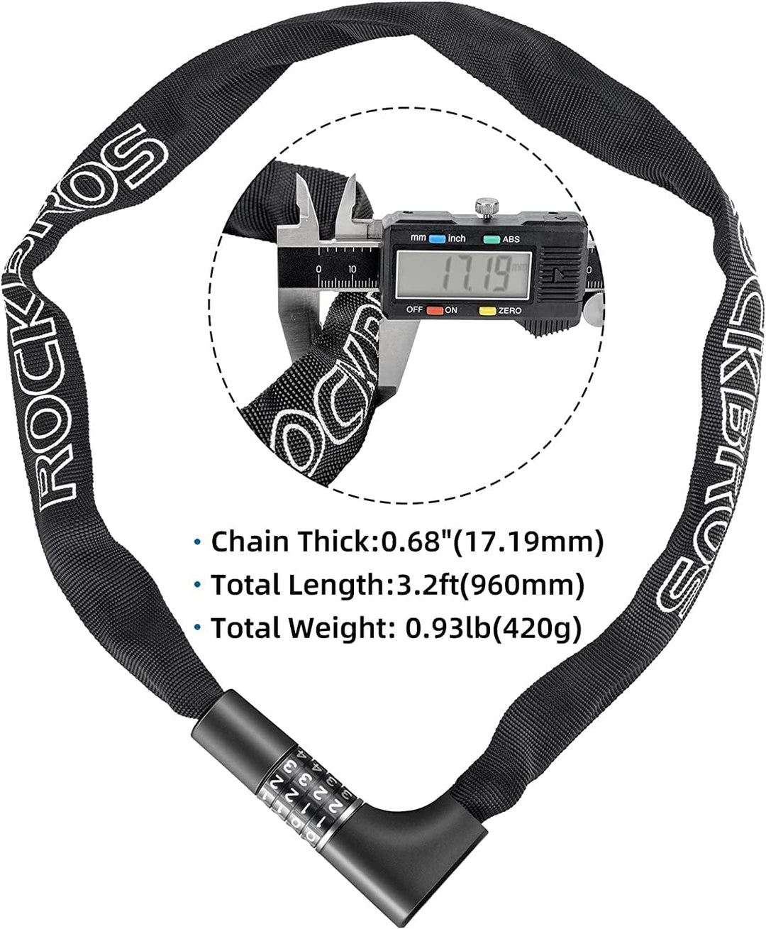 ROCKBROS Fahrradschloss Zahlenschloss mit Zahlen 96CM/17.19mm Hohe Sicherheitsstufe Kettenschloss mi