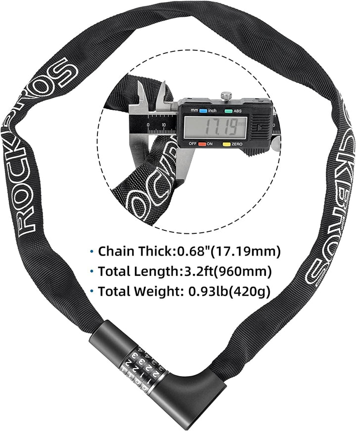 ROCKBROS Fahrradschloss Zahlenschloss mit Zahlen 96CM/17.19mm Hohe Sicherheitsstufe Kettenschloss mi