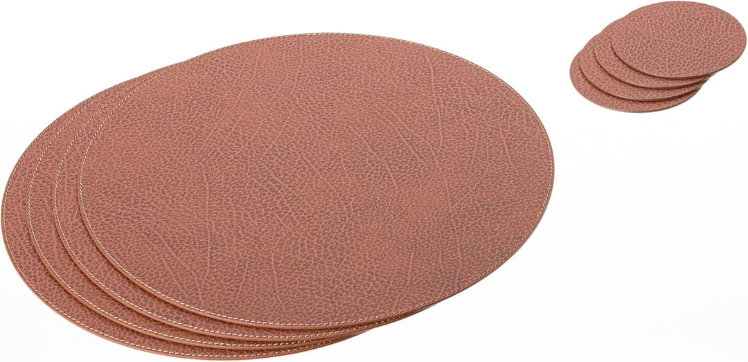 Nikalaz Rund Platzsets und Untersetzer aus recyceltem Leder, 4 Stück Platzdeckchen 33 cm und 4 Unter