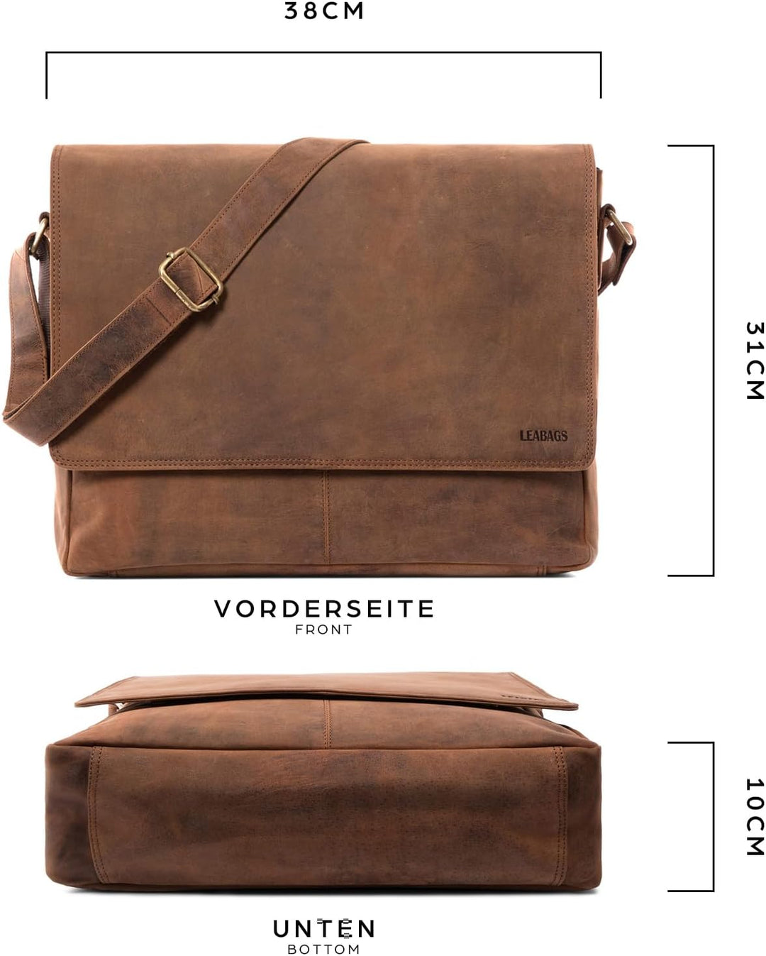 LEABAGS Oxford Laptoptasche Leder 15 Zoll Herren Damen Echtleder 38x10x31 cm Fox, 38x10x31 cm Fox
