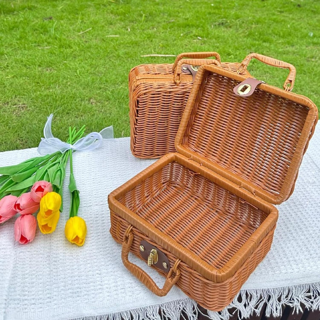 Weidengeflecht Picknickkorb, Retro Gewebte Picknickbox, Kunststoff Rattan Koffer Picknickkorb mit Gr