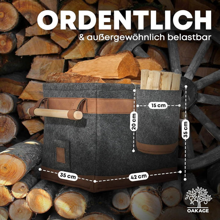 OAKAGE® Holzkorb für Kaminholz Gross mit Zündholzkorb [Schmutzabweisendes Innenfutter und Lederboden