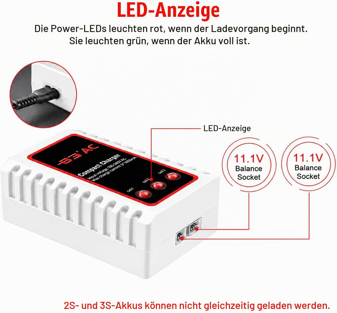 Haisito B3 Lipo Ladegerät für 2S 3S Akku (7.4V, 11.1V), Kompaktes Airsoft-Schnellladegerät (100-240V