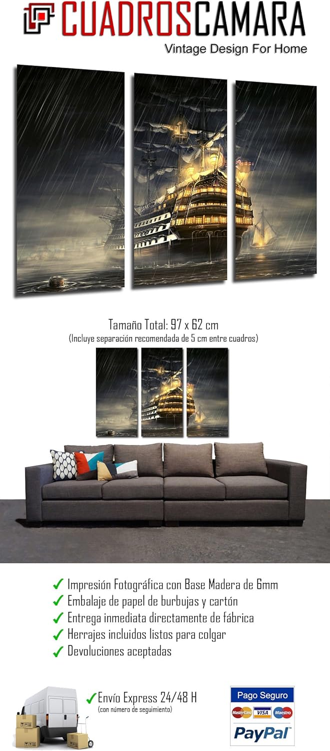 Wandbild - Altes Segelschiff, Caravel, Krieg, 97 x 62 cm, Holzdruck - XXL Format - Kunstdruck, ref.2