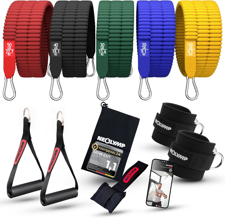 NEOLYMP Premium Resistance Bands Set mit E-Book - Fitnessbänder Expander Set mit 5 Stärken, Türanker