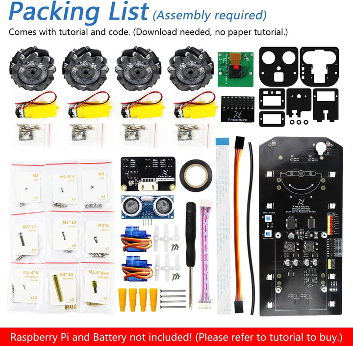 Freenove Mecanum Wheel Car Kit for Raspberry Pi 5 4 B 3 B+ B A+, Face Tracking, Line Tracking, Light