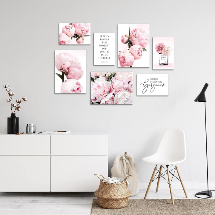 Novart Wandbilder Fashion Blumen - KOMPLETT AUFHÄNGFERTIG - Rosa Wohnzimmer Mädchen Teenager- 7 Mode