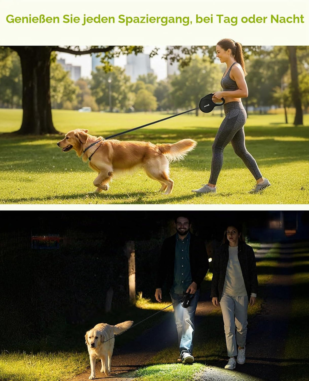 Pecute Hundeleine 8m, Rollleine für Hunde mit LED-Licht, 360° Verknotungsfreier verlängerter Leine,