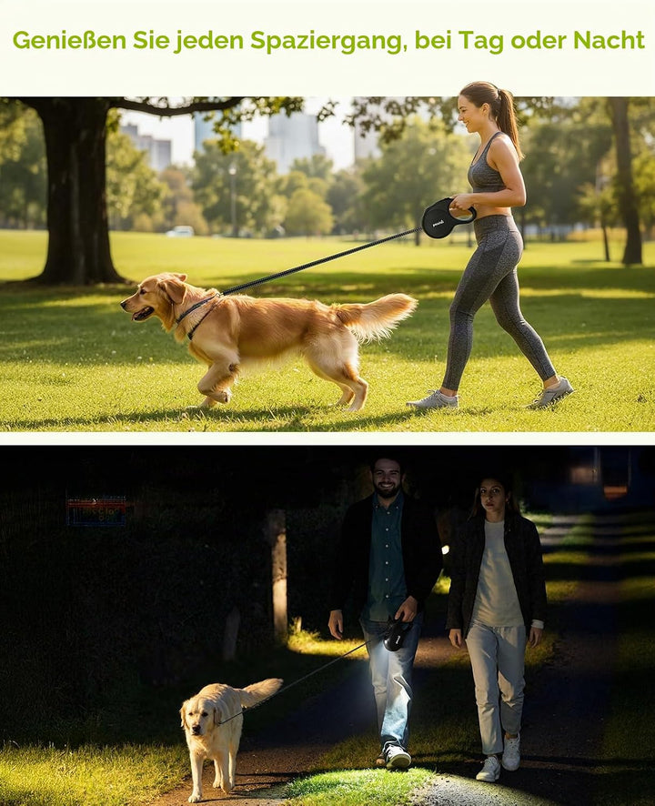 Pecute Hundeleine 8m, Rollleine für Hunde mit LED-Licht, 360° Verknotungsfreier verlängerter Leine,