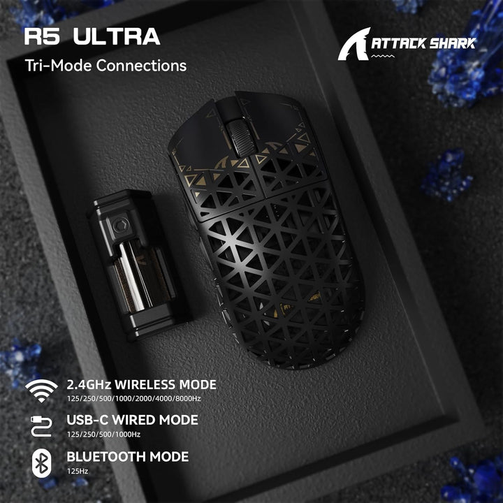 ATTACK SHARK R5 Ultra Carbonfaser HyperSpeed Kabellose Gaming-Maus, 39g ultraleichte Maus, 2,4G/BT/U