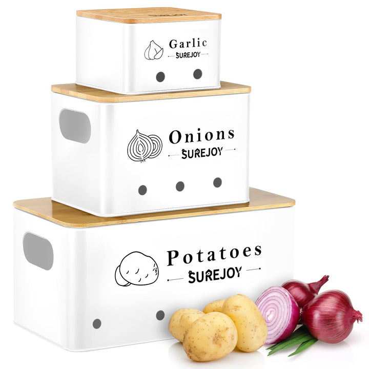 Surejoy Kartoffel Aufbewahrungsbox 3er Set, Vorratsdosen für Zwiebel Knoblauch Aufbewahrung, Hält Ge