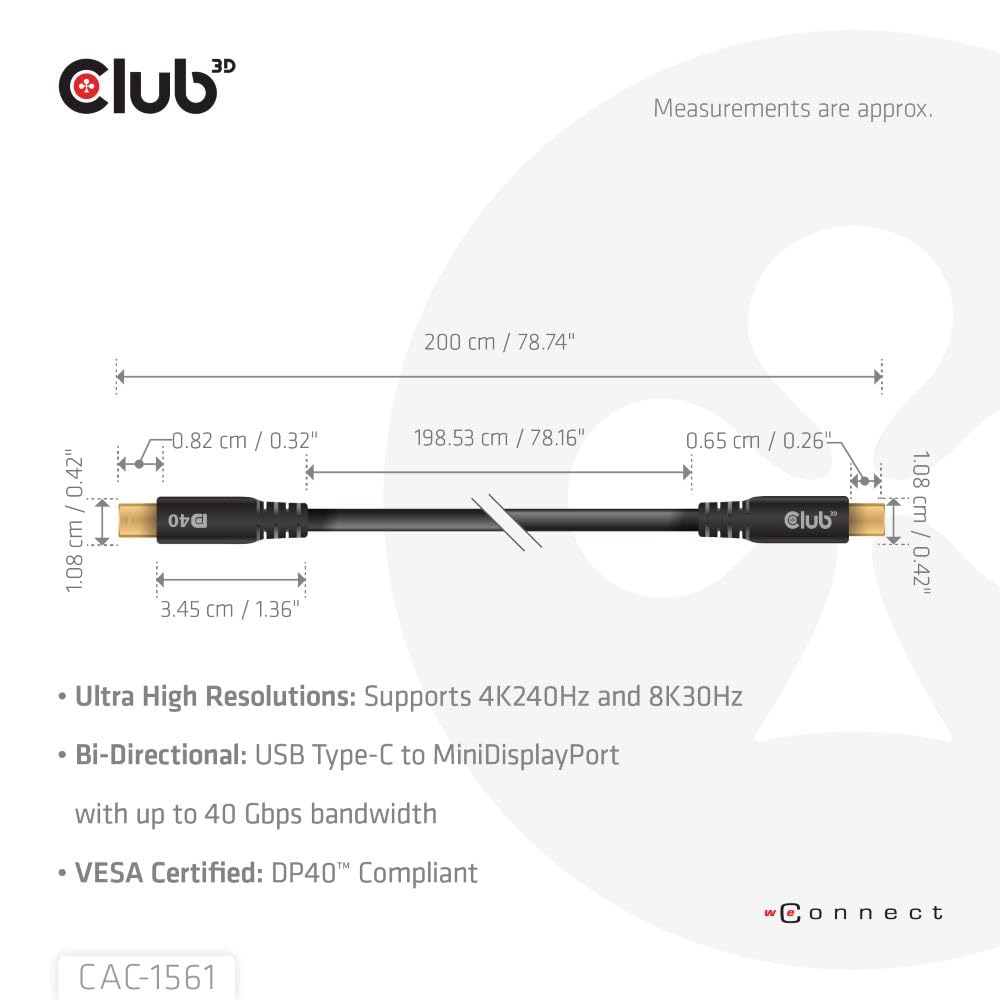 Club3D CAC-1561 USB Typ-C auf MiniDisplayPort DP40 bidirektionales VESA zertifiziertes Kabel 2m, CAC