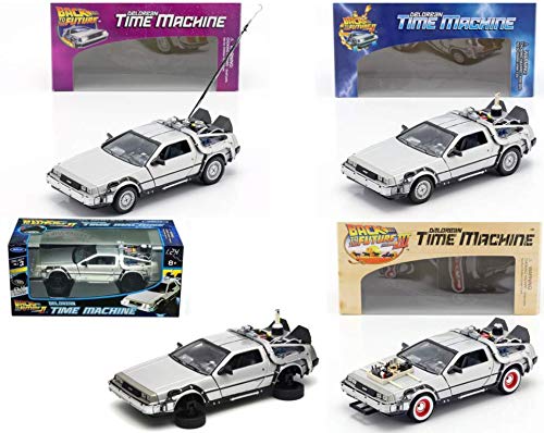 OPO 10 - Welly - Lot von 4 Delorean-Autos von Back to The Future - Filmen - Massstab 1:24 (Ref: L4)