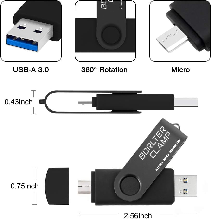 BORLTER CLAMP 256GB USB-Stick 2 in 1 Dual Port USB 3.0 Speicherstick OTG Flash-Laufwerk für Micro-US