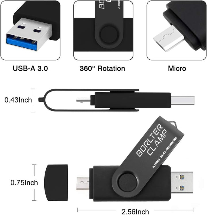 BORLTER CLAMP 256GB USB-Stick 2 in 1 Dual Port USB 3.0 Speicherstick OTG Flash-Laufwerk für Micro-US