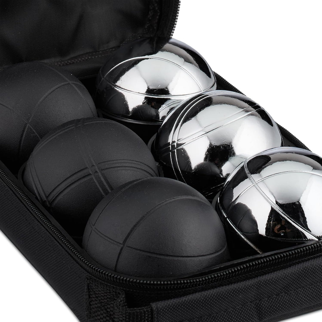 Relaxdays Boule Kugeln, 6 Metall-Kugeln, Set mit Zielkugel & Abstandsmesser, Tragetasche, Boccia Spi
