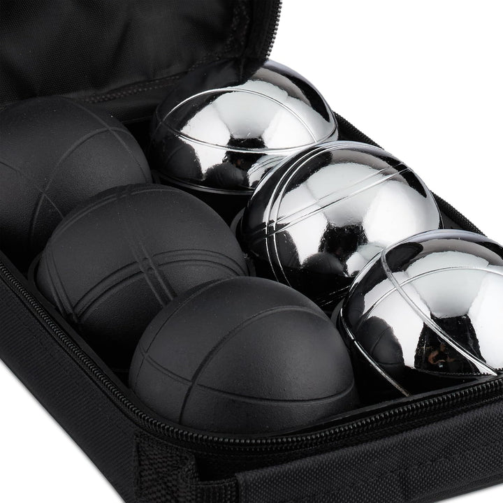 Relaxdays Boule Kugeln, 6 Metall-Kugeln, Set mit Zielkugel & Abstandsmesser, Tragetasche, Boccia Spi