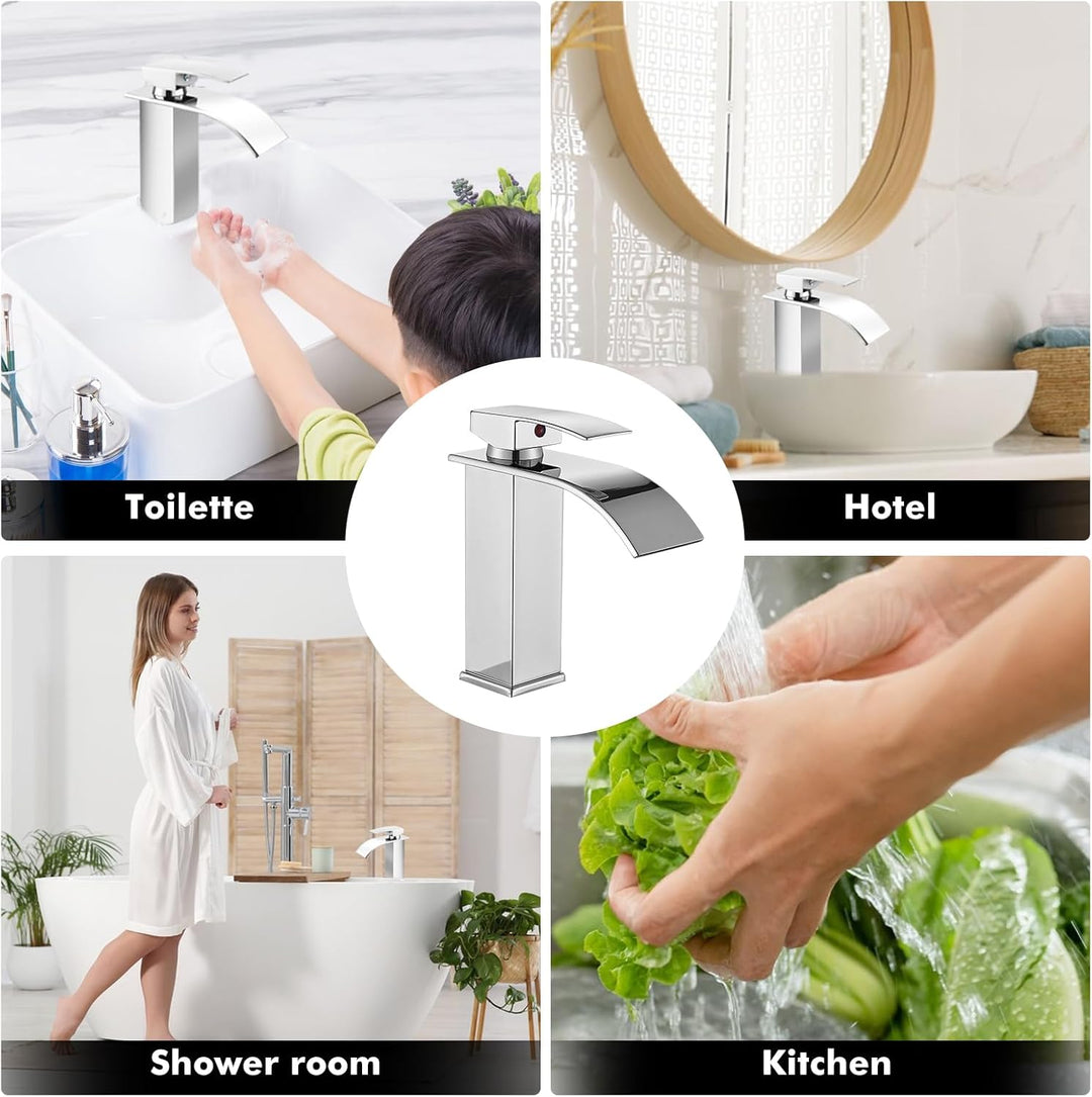 Touch-On Wasserhahn Bad Silber - Wasserfall Waschtischarmatur mit Einhebelmischer | 60cm Edelstahlsc