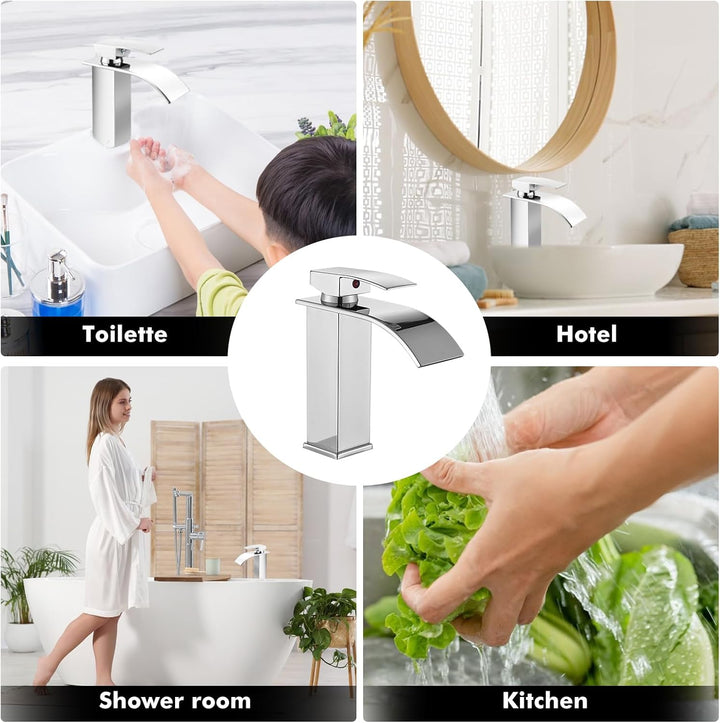 Touch-On Wasserhahn Bad Silber - Wasserfall Waschtischarmatur mit Einhebelmischer | 60cm Edelstahlsc