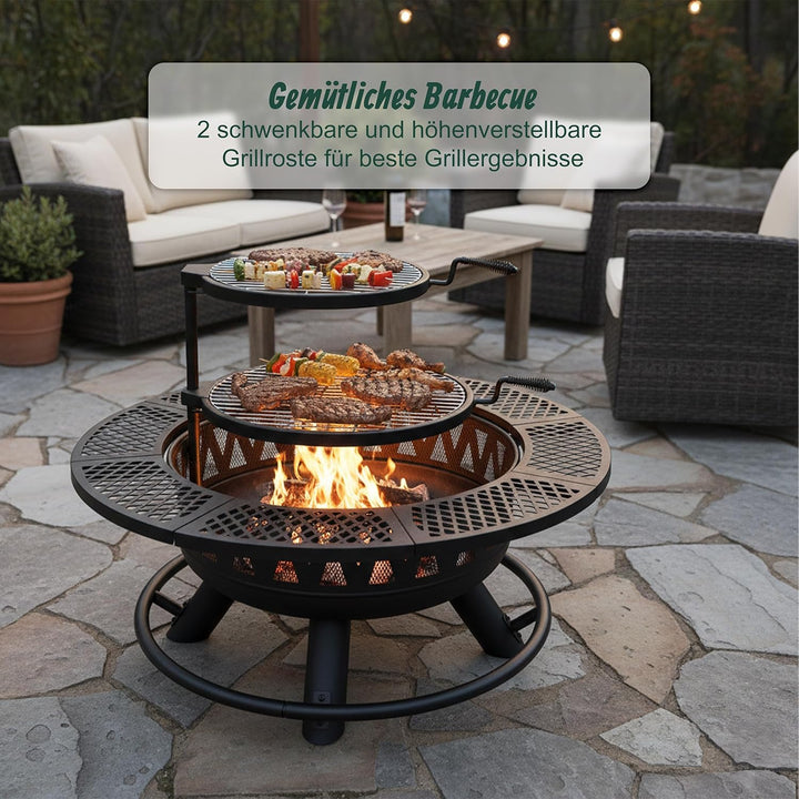Relaxdays Feuerschale, Ø 92 cm, 2 verstellbare Grillroste, Deckel, Schürhaken &amp; Abdeckung, Feuerstel