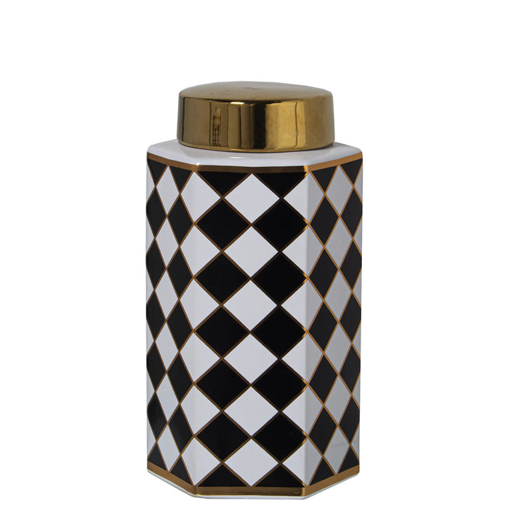 DRW Exagonale Keramik-Trommel in Schwarz und Weiss mit goldfarbenem Deckel 14 x 13 x 25 cm, Mehrfarb