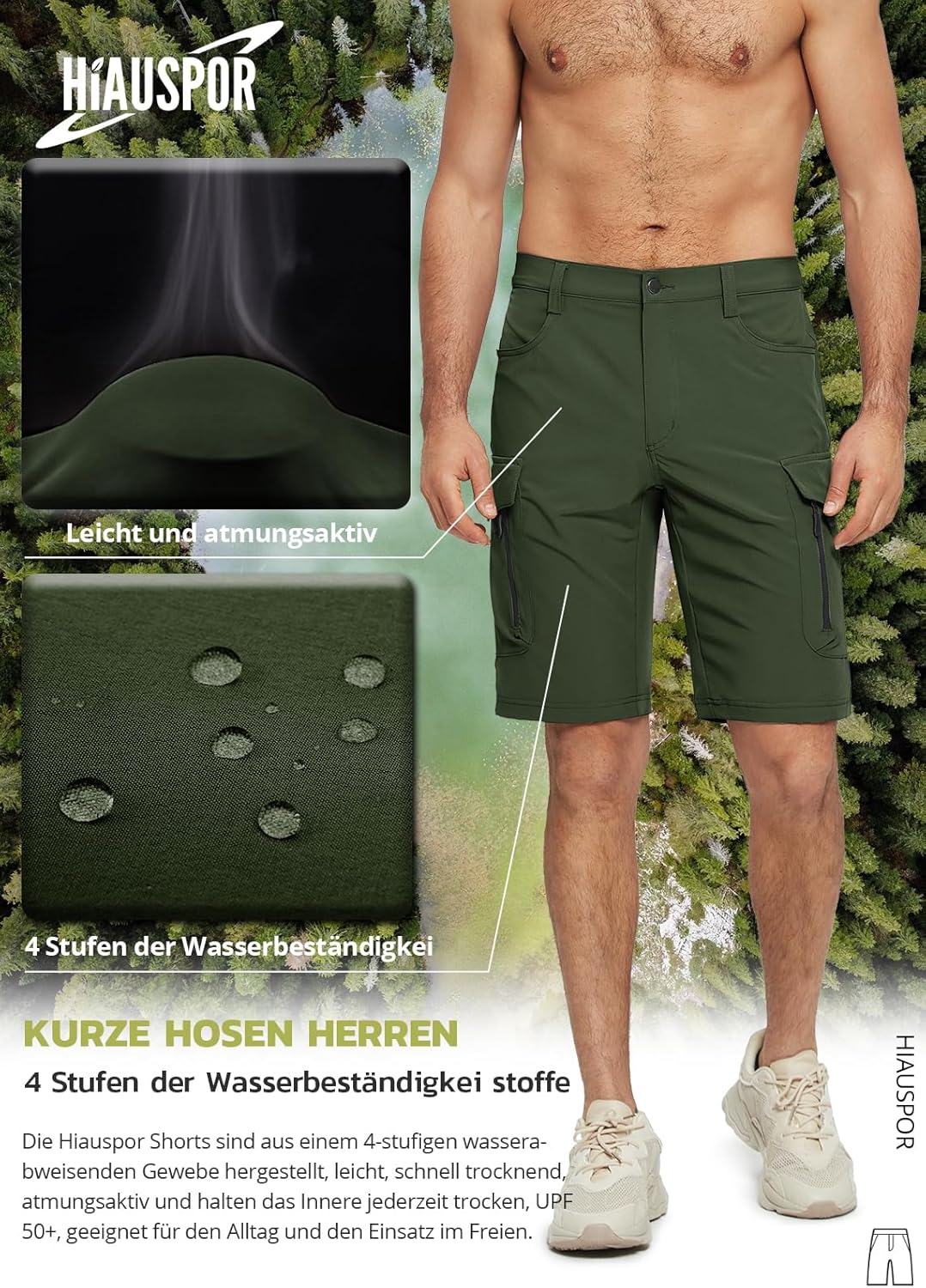 Hiauspor Wanderhose Herren Kurz MTB Hose Leichte Schnelltrocknend Cargo Bermuda Chino mit 5 Taschen