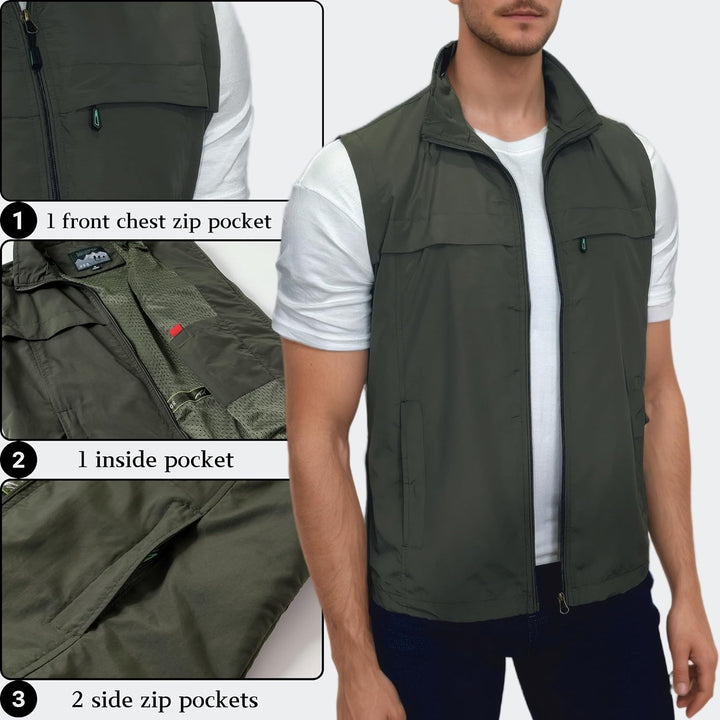 MeiLayM Herren Outdoor Angelweste Multi Pocket Weste Sommer Schnell Trocknende Weste Sport Reissvers