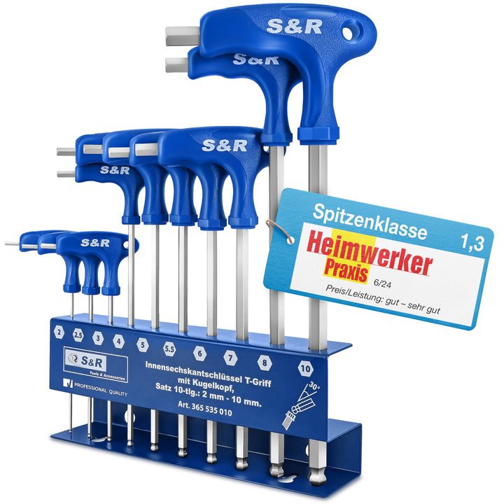 S&amp;R Innensechskantschlüssel Satz HX, S2 Hochleistungsstahl, T-Griff, Kugelkopf, zuverlässiger Korros