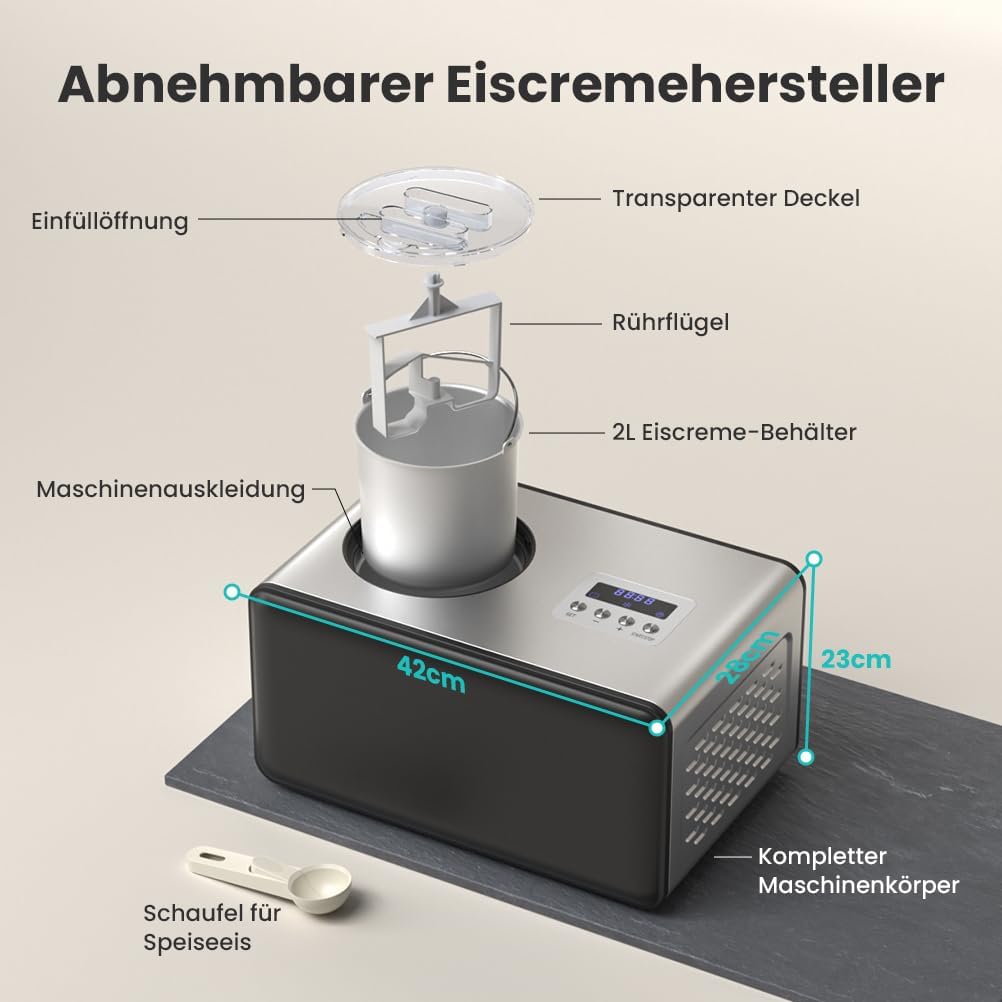 Acmeenjoy Eismaschine mit Kompressor 2L, Eismaschine Selbstkühlend Edelstahl 150W, mit Entnehmbarem